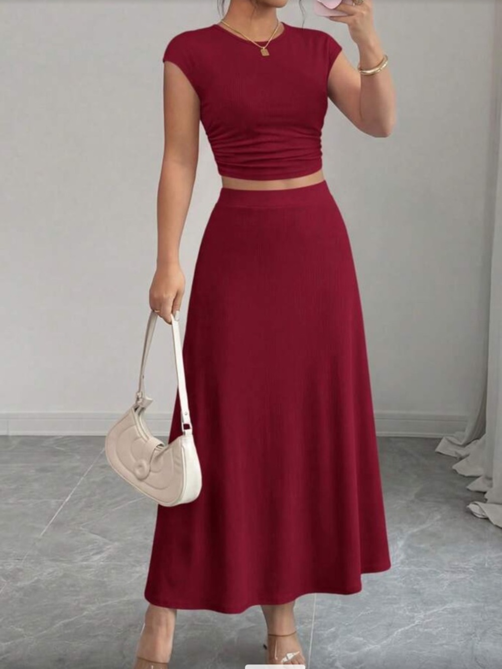 Burgundy Ribbed A-Line Maxi Skirt and Crop To Set
